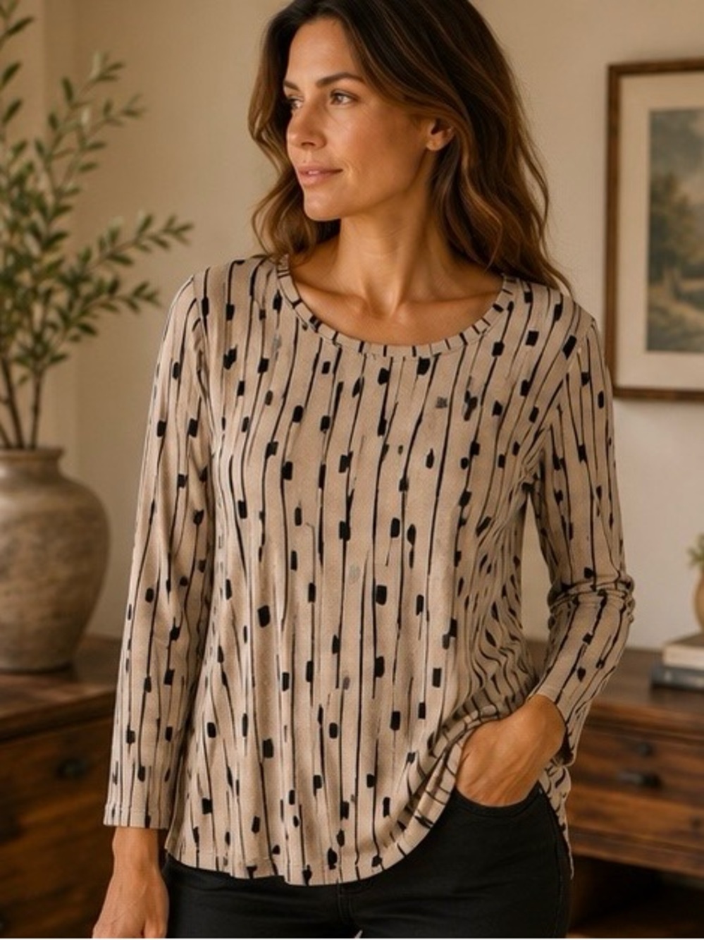 JM Collection Plus Large Abstract Stripe Print Tunic Top Beige Black 3/4 Sleeve